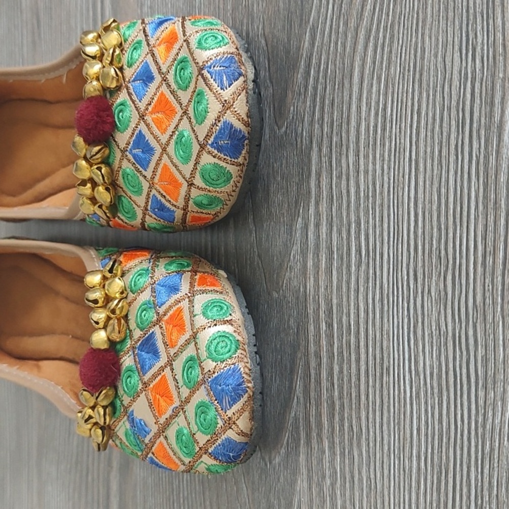 Girls Indian Punjabi Colorful Flat Shoes Bells On Vamp Size 2 Blue Gold Orange - Picture 9 of 13